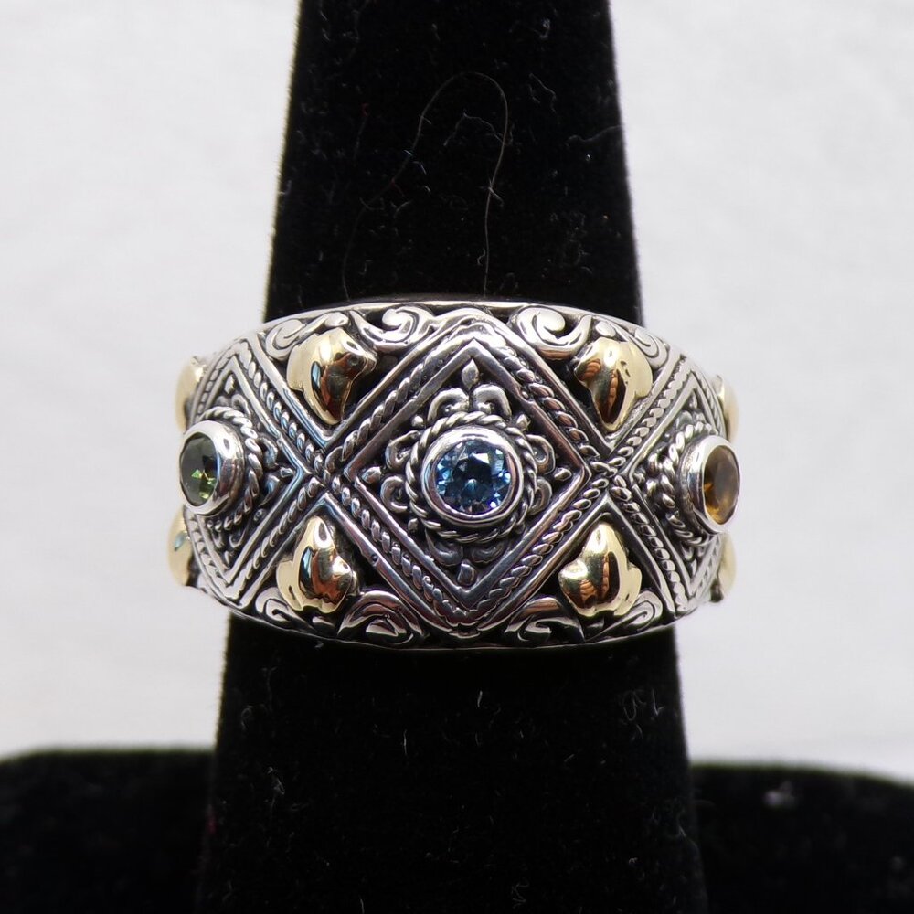 Elegant Balinese Gemstone Band Ring – Sterling Silver & 18K Gold Accents Size 8